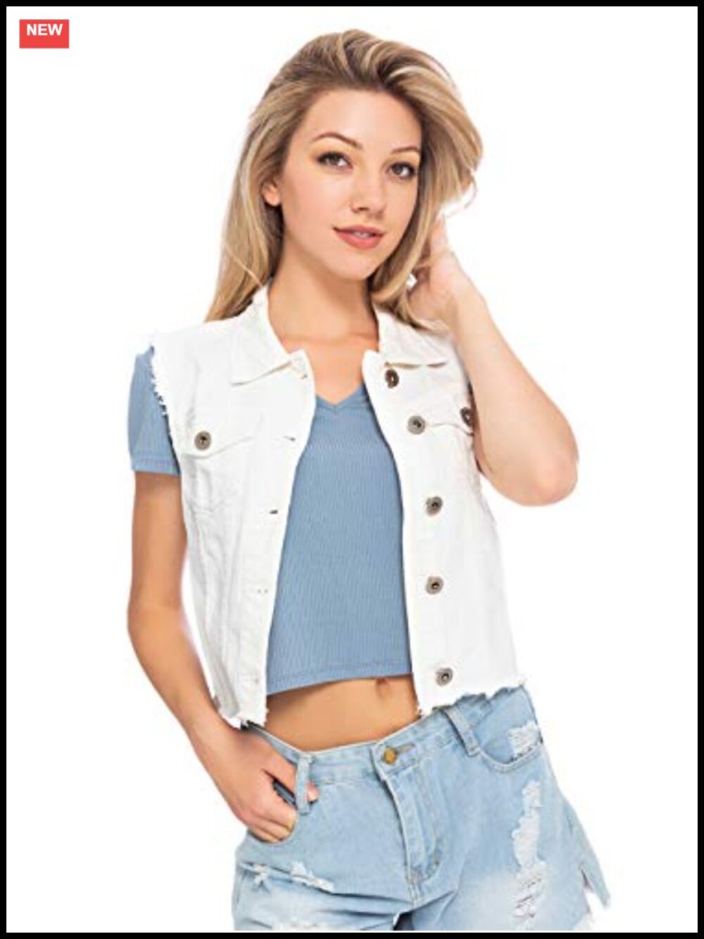 Distressed Denim Sleeveless Crop Vest with Flap Pockets